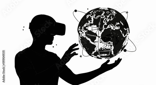 Silhouette of a person wearing VR headset interacting with a glowing digital globe.