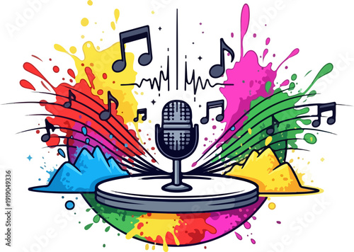Vibrant microphone on stand with colorful paint splatters and music notes on white background