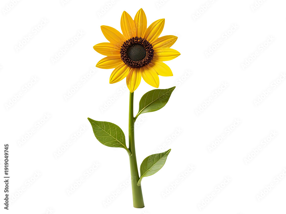 Fototapeta premium A single sunflower with green leaves on a white background, suitable for use in floral or nature-themed designs