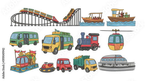 Theme Park Transport: A vibrant collection of amusement park transportation, featuring a roller coaster, boats, buses, a train, and more, all ready to transport guests to adventure.