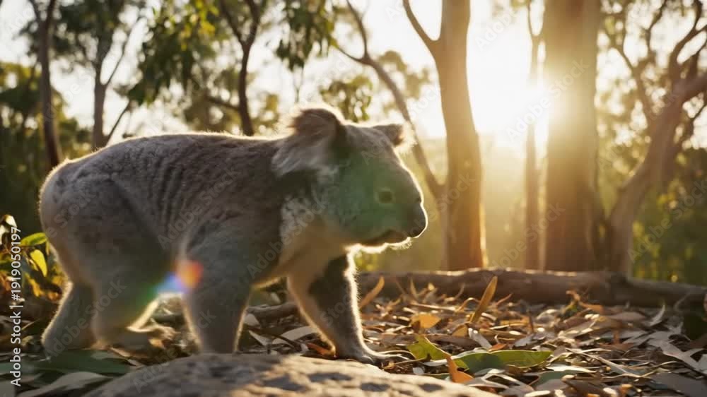 custom made wallpaper toronto digitalCute koala walking in a sunlit forest amongst fallen leaves with trees in the background