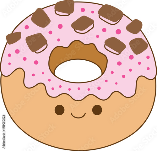 Cute donut with pink frosting and chocolate pieces, bringing joy and sweetness