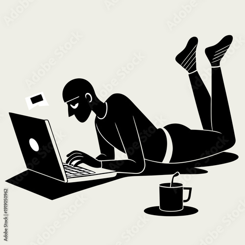 Man working on laptop lying down modern minimalist illustration