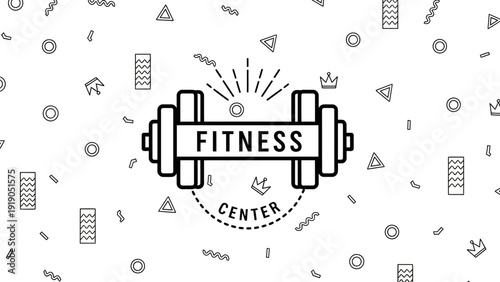 Modern monochrome line art icon design for a fitness center or gym, featuring a barbell and dynamic geometric patterns in the background