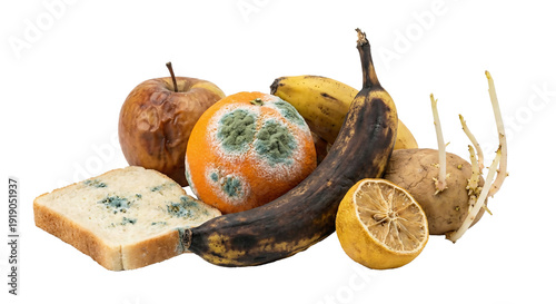 A collection of spoiled food items including moldy bread, rotten fruit, and sprouting potatoes, isolated on white.