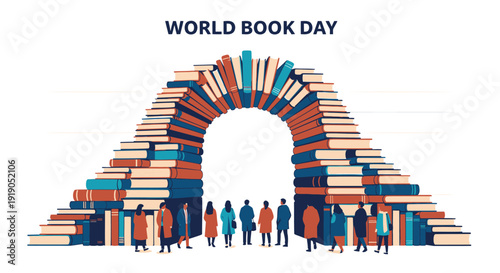 World Book Day icon with people standing under book arch, colorful illustration. Includes reading, literacy, education, and book symbols. Created in modern flat style with blue, orange