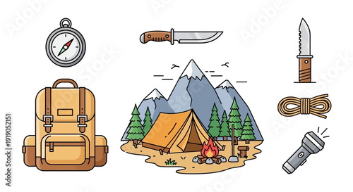 Camping adventure illustration featuring a tent, mountains, backpack, knife, and flashlight in a scenic landscape