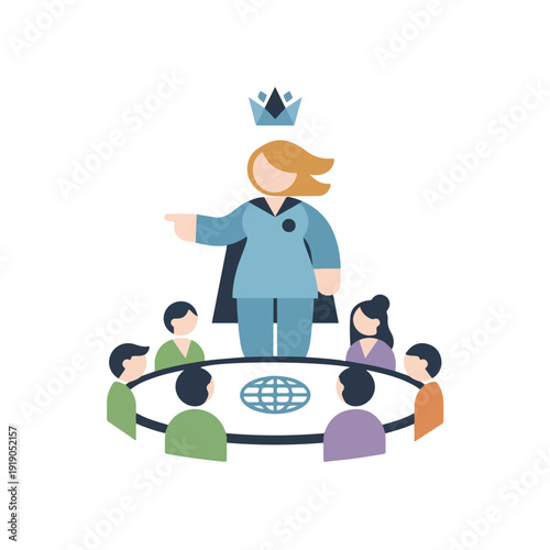A crowned female leader points, directing a diverse group around a table with a global icon, symbolizing international leadership and teamwork.