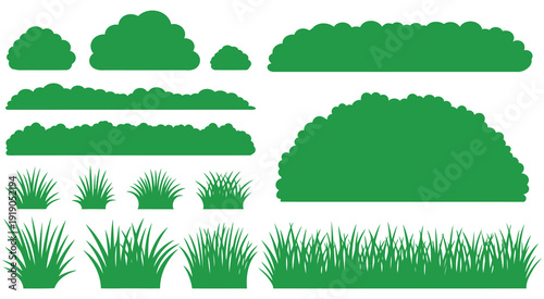A variety of green silhouettes of trees, bushes, and grasses for landscape design
