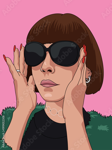 Closeup Portrait Illustration of a Woman with Short Hair Holding Big Sunglasses by the Sides in an Elegant Fashionable Style. Vector Drawing Isolated on Pink Background