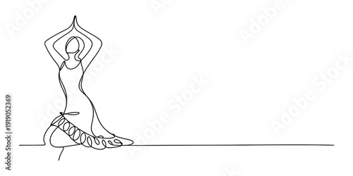 Continuous line drawing of a woman dancing flamenco with her arms raised in a graceful pose.