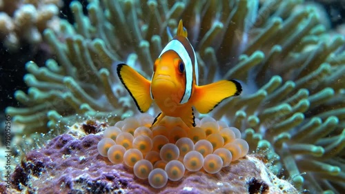 Clownfish Guarding Its Eggs in a Coral Reef Habitat Surrounded by Anemones Underwater