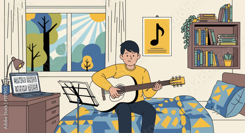 Young man playing acoustic guitar in his room, learning music from laptop