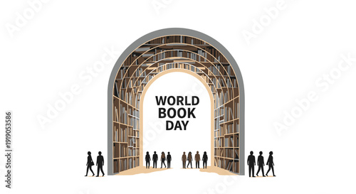 World Book Day illustration with library arch and silhouettes, reading celebration concept.