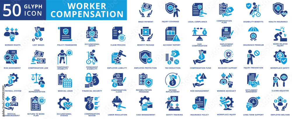 Εκτύπωση καμβά worker compensation icon pack flat contains workplace injury, long term support,