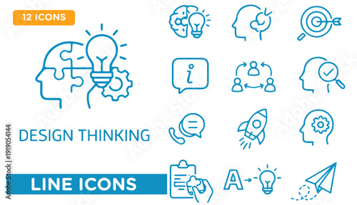 Design thinking line icon collection. Includes idea, brain, solution, target, information, collaboration, verification, communication, startup, and strategy symbols. Created in outline style