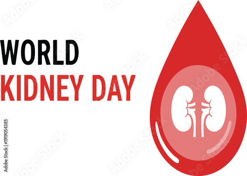 World kidney day awareness graphic with text and a stylized blood drop containing a kidney icon