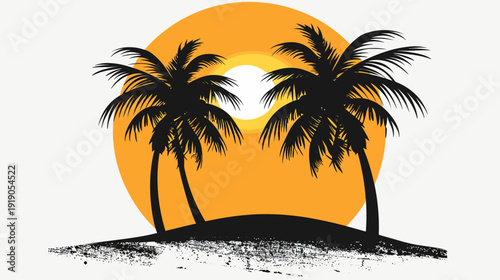 Silhouette of palm trees with a rising sun in orange against white background
