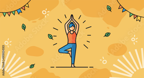Woman practices yoga outdoors in sunny warm environment with leaves and festive decorations