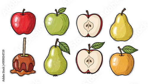 Apple and pear Variety: An inviting collection of fresh apples, including a caramel apple, and pears.