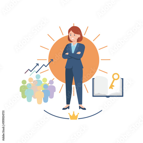 A confident businesswoman stands enlightened, representing leadership and ideas, surrounded by symbols of team growth, knowledge, and success.