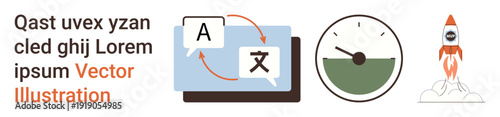 Language translation, progress measurement, efficiency, technology innovation, creative process, global communication. Speech bubbles with language symbols, speed meter rocket. Language translation
