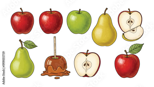 Orchard's Delight: A vibrant assortment of ripe apples, juicy pears, and a tempting candied apple, representing the freshness and sweetness of nature's bounty.