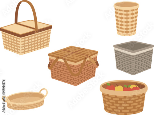 Wicker baskets flat vector collection picnic hamper fruit bowl woven rattan storage containers rustic household set