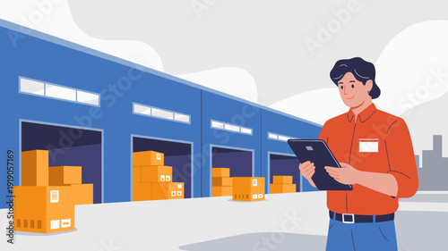 Warehouse worker checking inventory with tablet in distribution center, Logistics management and supply chain operations concept.