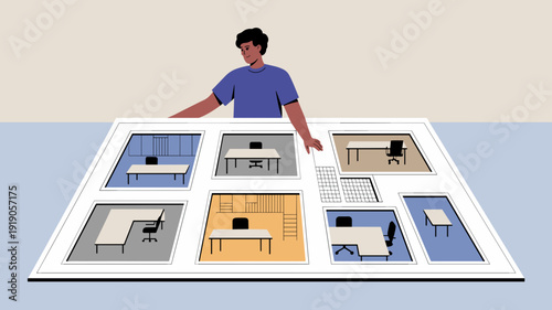 Man reviewing house floor plan layout with multiple room designs, Interior architecture planning and residential design concept.