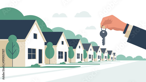 Hand placing key above suburban houses representing property investment and home ownership, residential real estate market concept.