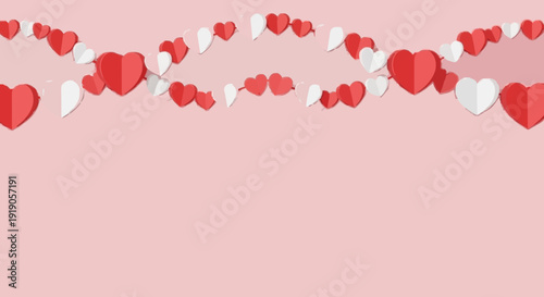 Valentine’s Day banner with seamless red and white paper heart garland forming soft border on pastel pink background, minimal modern design, soft shadows, clean negative space for text.