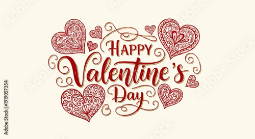 Happy Valentine’s Day calligraphic hand lettering with refined red heart elements and subtle gold accents, premium romantic design, centered composition, sharp typography details, high-end greeting.