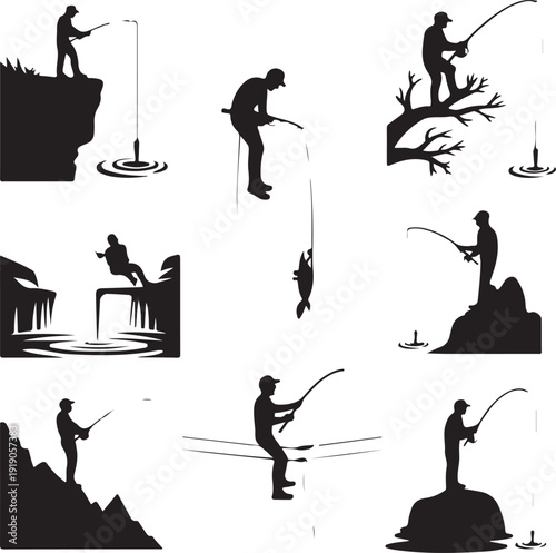 Silhouette of people fishing in various poses on land and water  recreational activity