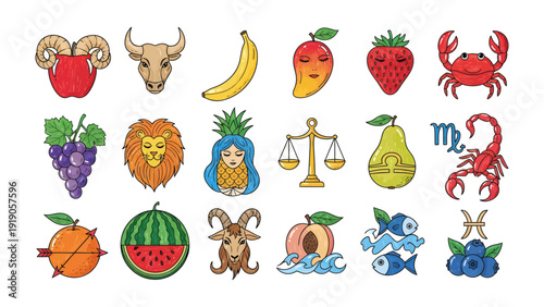 Zodiac Fruit: A vibrant illustration showcasing the twelve signs of the zodiac, each creatively embodied by a different piece of fruit, creating a colorful and symbolic representation.