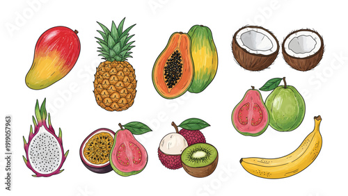 Tropical Bounty: An array of colorful, ripe tropical fruits, including mango, pineapple, papaya, coconut, dragonfruit, passionfruit, guava, lychee, kiwi, and banana.
