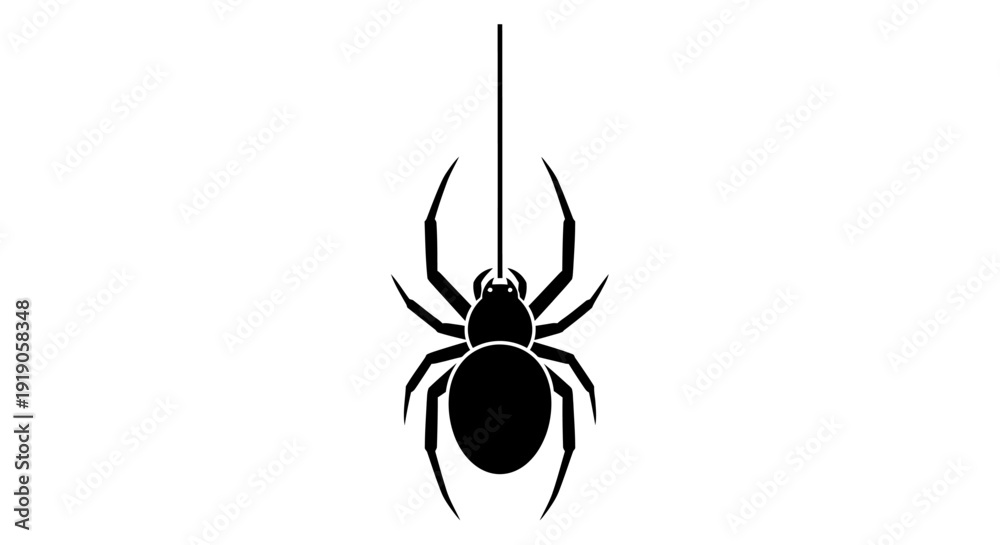 Obraz premium Black Spider Hanging from Thread Silhouette.