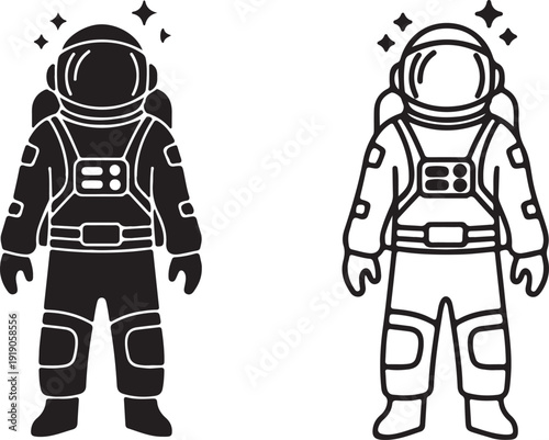 Two astronaut vector illustrations, one solid black and one outline, both featuring a space suit with helmet and backpack, isolated on a transparent background.