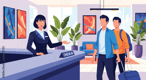 Hotel travel vector illustration of guests checking in at reception desk with luggage and concierge service. Modern hospitality and accommodation activity concept for tourism and vacation marketing