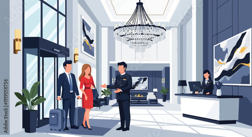 Hotel travel vector illustration of couple arriving at luxury hotel lobby with suitcases and concierge greeting. Vacation accommodation and hospitality activity concept for tourism promotion