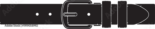 Black leather belt with a silver buckle and three adjustment holes, depicted in a simple flat vector style, isolated on a transparent background.