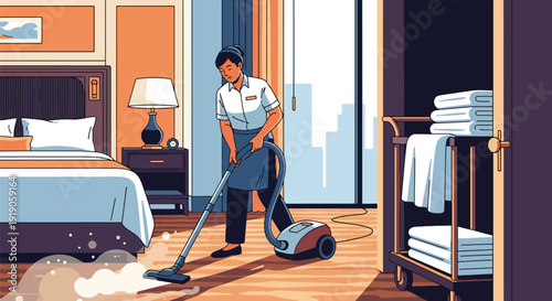 Hotel travel vector illustration of housekeeping staff cleaning hotel room and arranging towels. Hospitality service and accommodation maintenance activity concept for tourism