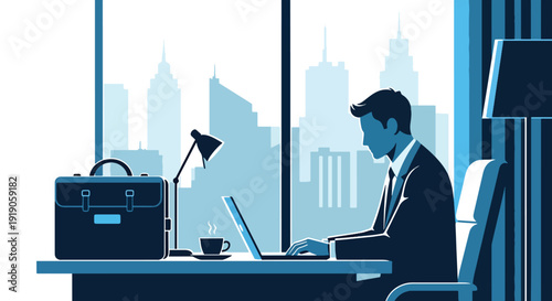 Hotel travel vector illustration of business traveler working on laptop in hotel room workspace. Corporate travel accommodation and productivity activity concept