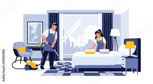 Hotel travel vector illustration of housekeeping staff cleaning hotel room and arranging towels. Hospitality service and accommodation maintenance activity concept for tourism