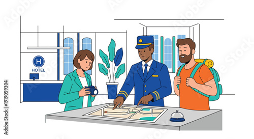 Hotel travel vector illustration of concierge assisting tourists with map and directions in lobby. Hospitality service and vacation travel planning activity concept