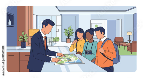 Hotel travel vector illustration of concierge assisting tourists with map and directions in lobby. Hospitality service and vacation travel planning activity concept
