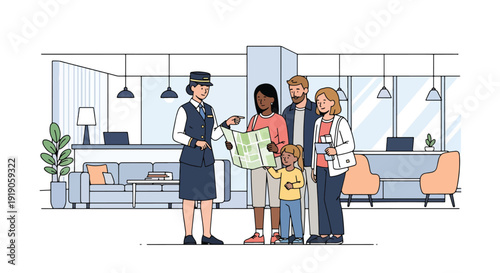 Hotel travel vector illustration of concierge assisting tourists with map and directions in lobby. Hospitality service and vacation travel planning activity concept