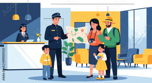 Hotel travel vector illustration of concierge assisting tourists with map and directions in lobby. Hospitality service and vacation travel planning activity concept