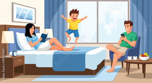 Hotel travel vector illustration of family enjoying stay in hotel room with kids playing and parents relaxing. Vacation accommodation and hospitality lifestyle activity concept for tourism marketing