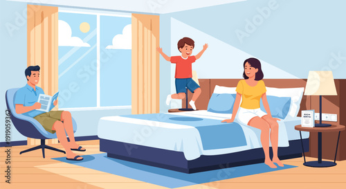 Hotel travel vector illustration of family enjoying stay in hotel room with kids playing and parents relaxing. Vacation accommodation and hospitality lifestyle activity concept for tourism marketing
